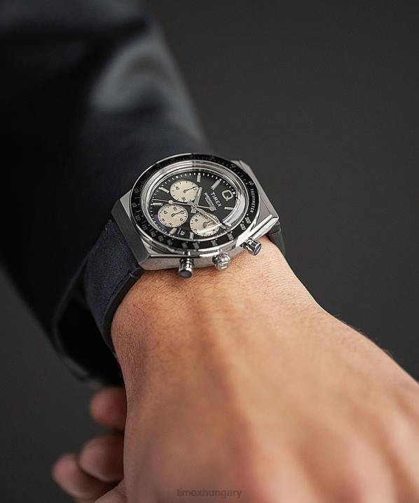 órák | B8NR65 Q Timex rozsdamentes acél/fekete kronográf 40 mm-es bőr szíjas óra férfiak