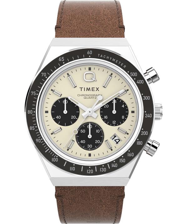 órák | B8NR66 Q Timex rozsdamentes acél/barna/krémszín kronográf 40 mm-es bőr szíjas óra férfiak