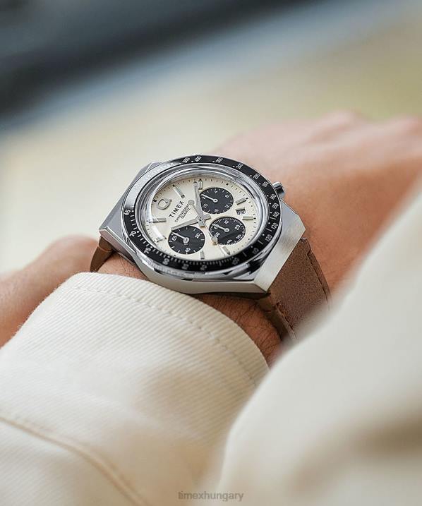 órák | B8NR66 Q Timex rozsdamentes acél/barna/krémszín kronográf 40 mm-es bőr szíjas óra férfiak