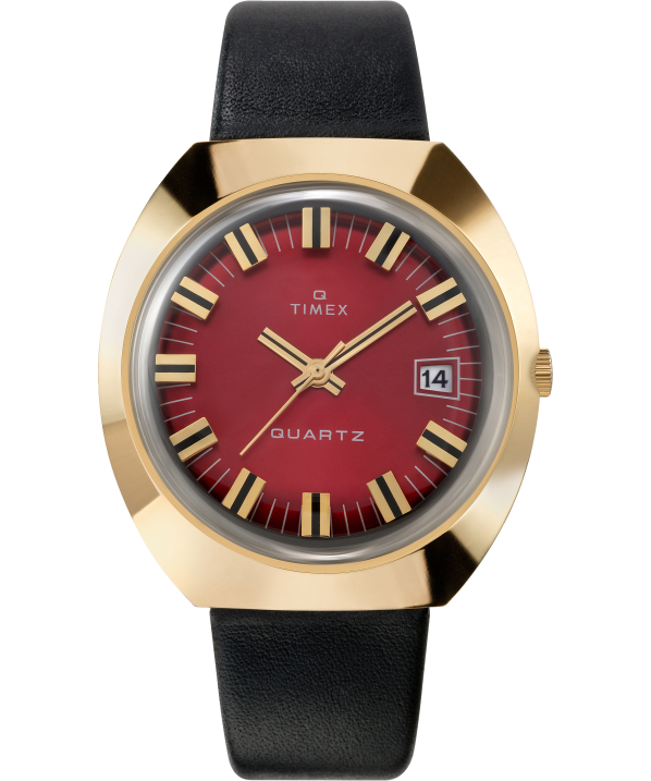 órák | B8NR67 Q Timex arany tónusú/fekete/bordó 1972-es újrakiadású 43x39 mm-es bőrszíjas óra férfiak