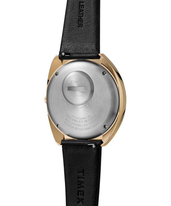 órák | B8NR67 Q Timex arany tónusú/fekete/bordó 1972-es újrakiadású 43x39 mm-es bőrszíjas óra férfiak