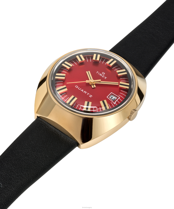 órák | B8NR67 Q Timex arany tónusú/fekete/bordó 1972-es újrakiadású 43x39 mm-es bőrszíjas óra férfiak