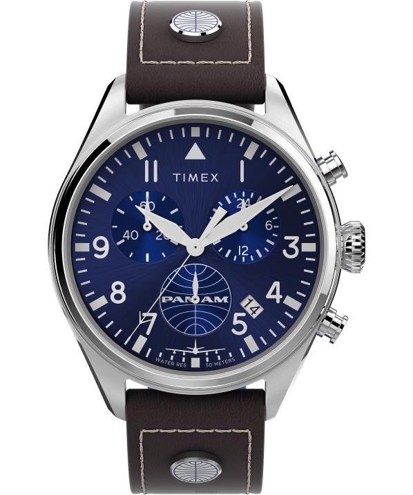 órák | B8NR80 Timex x rozsdamentes acél/barna/kék pan am kronográf 42mm-es bőr szíjas óra férfiak