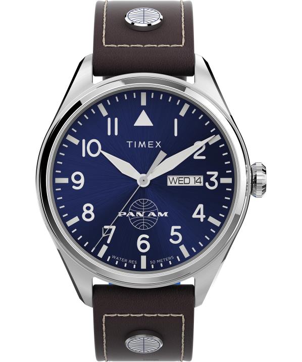 órák | B8NR81 Timex x rozsdamentes acél/barna/kék pan am day-date 42mm-es bőrszíjas óra férfiak