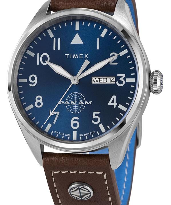 órák | B8NR81 Timex x rozsdamentes acél/barna/kék pan am day-date 42mm-es bőrszíjas óra férfiak