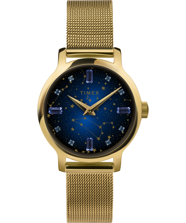 órák | B8NR379 Timex arany tónusú/kék transzcend égi 31 mm-es rozsdamentes acél karkötő karóra nők