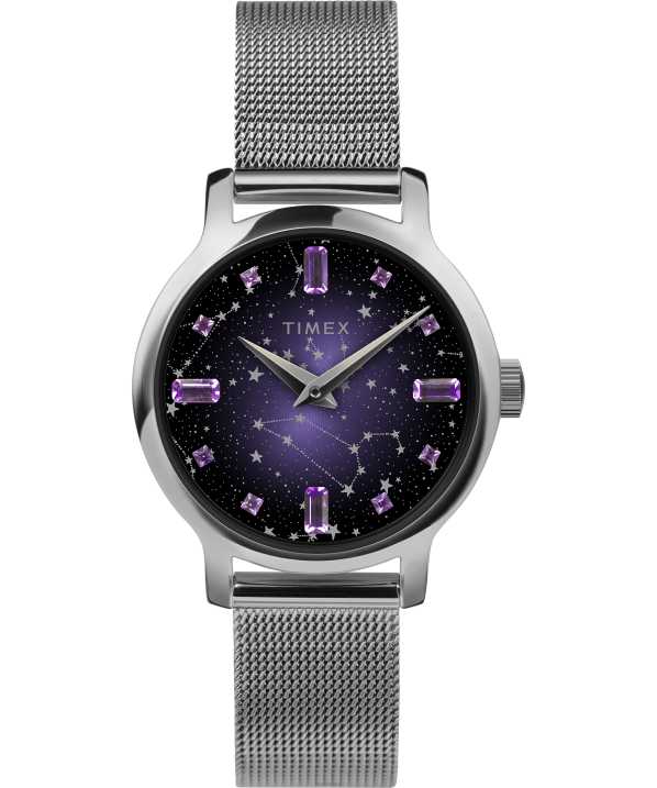 órák | B8NR383 Timex ezüst tónusú/lila transzcend égi 31 mm-es rozsdamentes acél karkötő karóra nők