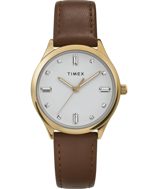 órák | B8NR385 Timex arany tónusú/barna/fehér modern ruha 32mm-es bőr szíjas óra nők